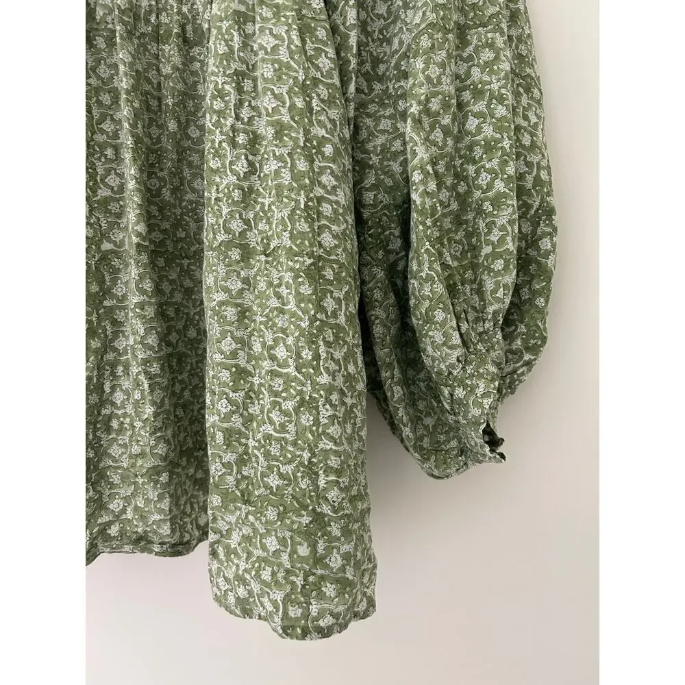 Mille Charlie Peasant Blouse Green Tie Front Cotton Green Block Print India XL - Picture 10 of 10